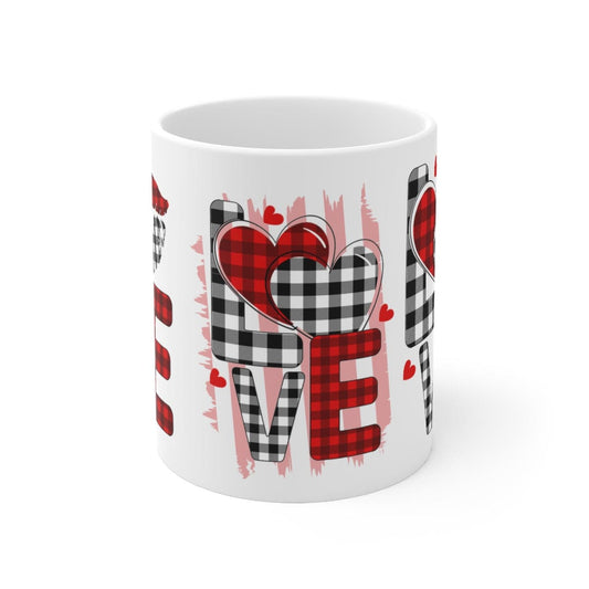 SALE Ceramic Mug - Love On Plaid Mug, coffee, coffee lover, drinking cup, wedding gift, Christmas Gift, Holiday Gift, Birthday gift, Tea Mug - Brand63