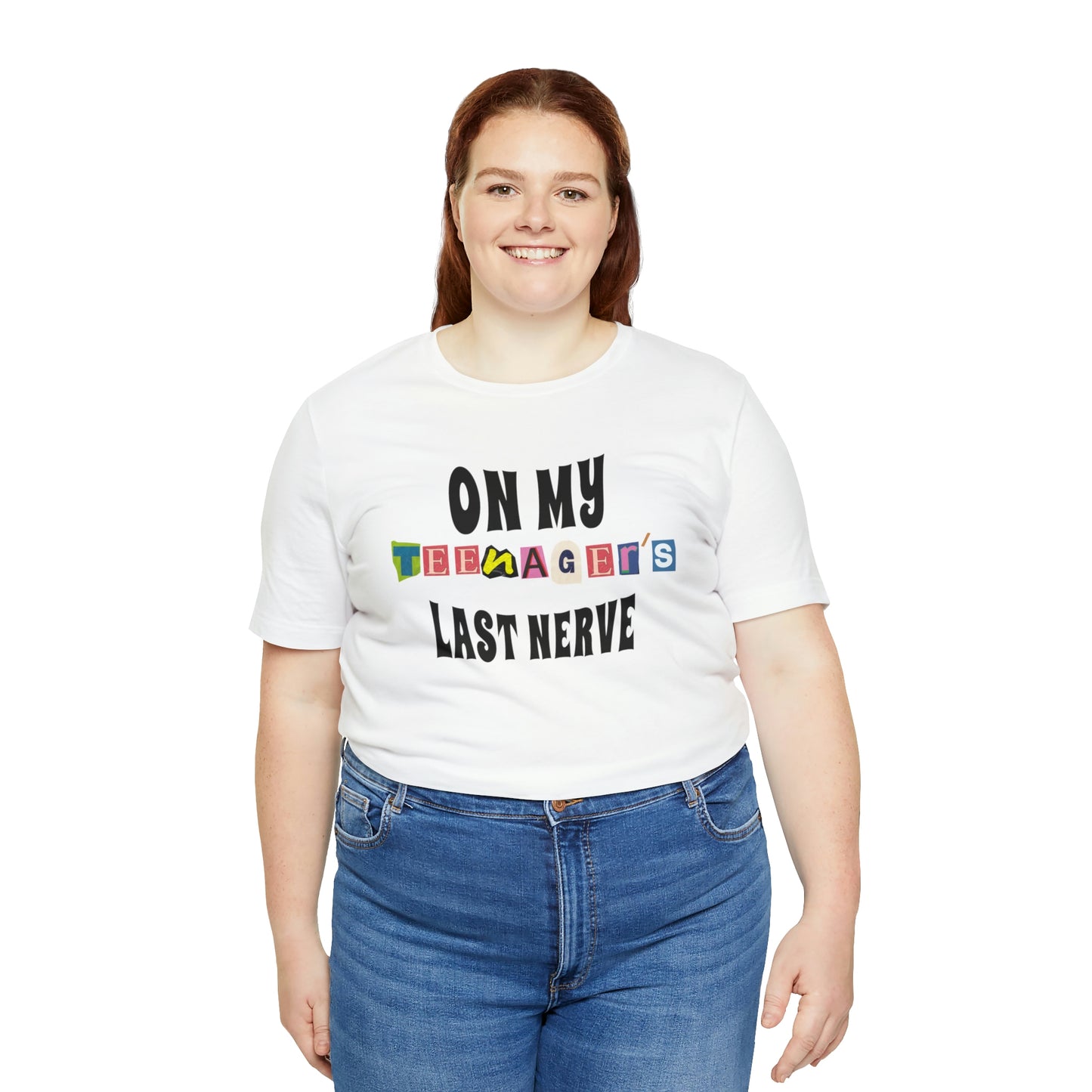 Our "ON MY TEENAGER'S LAST NERVE" t-shirt is perfect for any parent who has ever been pushed to the brink by their moody teenager. Whether you wear it to drop your teen off at school, or to the grocery store when they're giving you a hard time, this t-shirt is guaranteed to put a smile on your face and help you maintain your sanity. Funny Sarcastic parent tshirt.