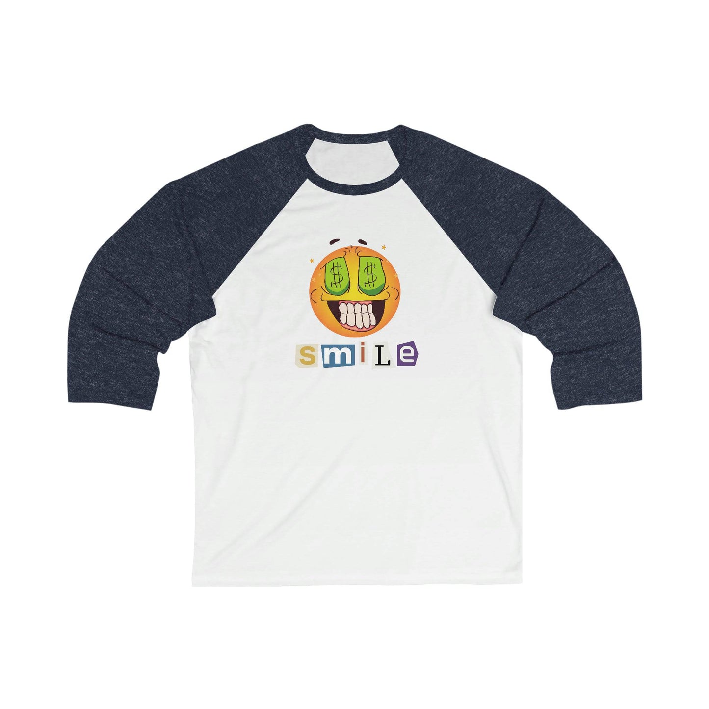 Money Smiling Emoji 3/4 sleeve baseball t-shirt.  Casual, Simple, Comfy - Brand63