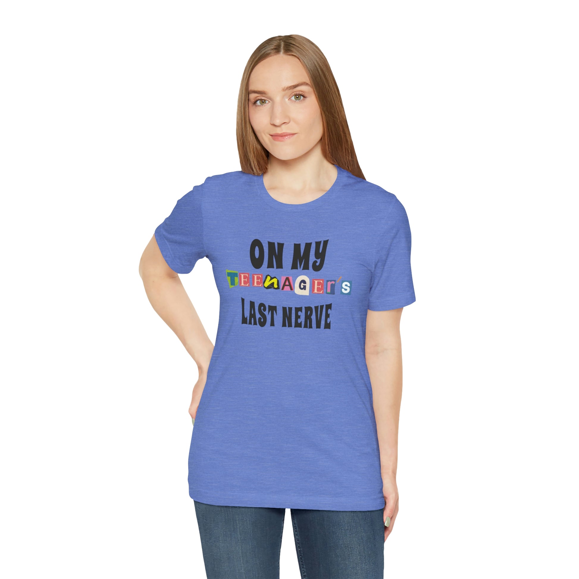 Our "ON MY TEENAGER'S LAST NERVE" t-shirt is perfect for any parent who has ever been pushed to the brink by their moody teenager. Whether you wear it to drop your teen off at school, or to the grocery store when they're giving you a hard time, this t-shirt is guaranteed to put a smile on your face and help you maintain your sanity. Funny Sarcastic parent tshirt.