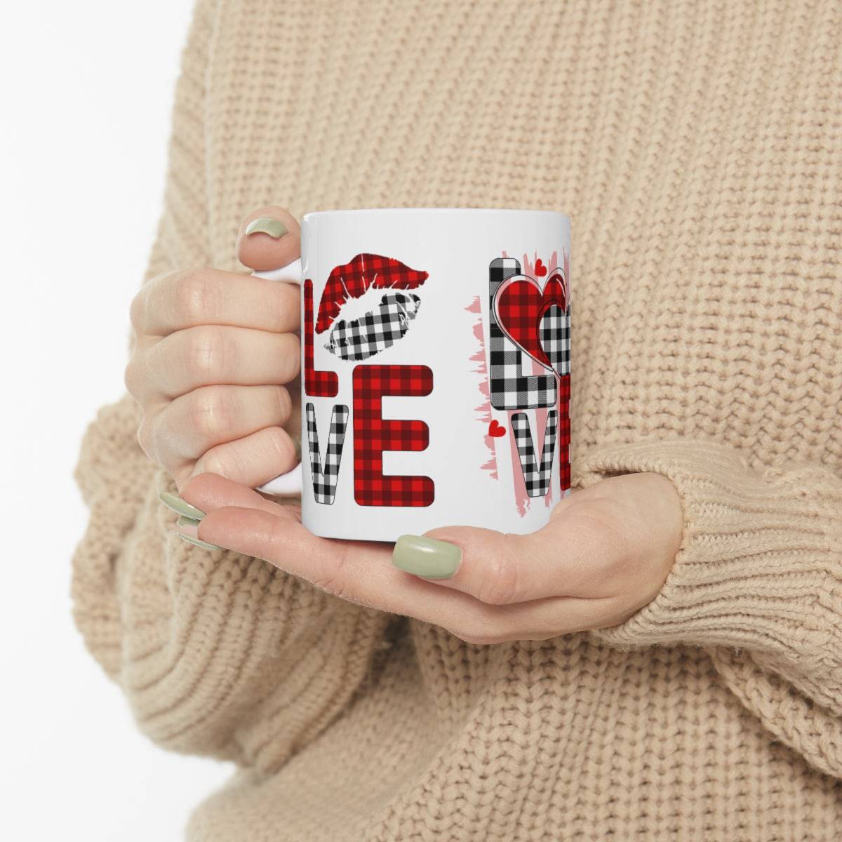 SALE Ceramic Mug - Love On Plaid Mug, coffee, coffee lover, drinking cup, wedding gift, Christmas Gift, Holiday Gift, Birthday gift, Tea Mug - Brand63