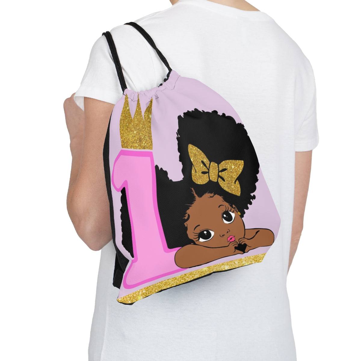 1st Birthday African-American Girl Drawstring Bag, Spacious Bag, Practical Backpack, Soft Sturdy Drawstring Backpack, Fun Gift for Birthday Holidays - Brand63