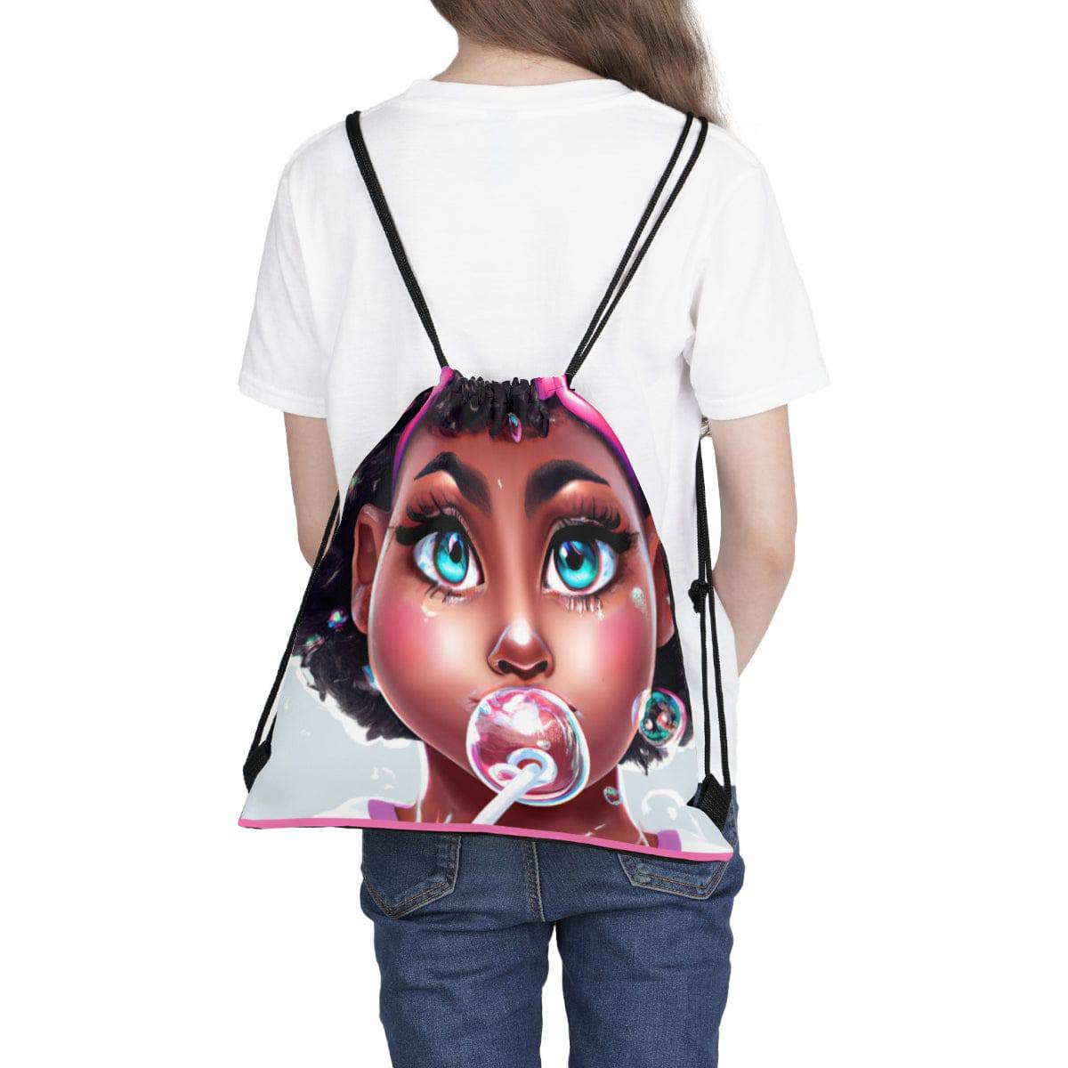 Bubbles African-American Girl Drawstring Bag, Spacious Bag, Practical Backpack, Soft Sturdy Drawstring Backpack, Fun Gift for Birthday Holidays - Brand63