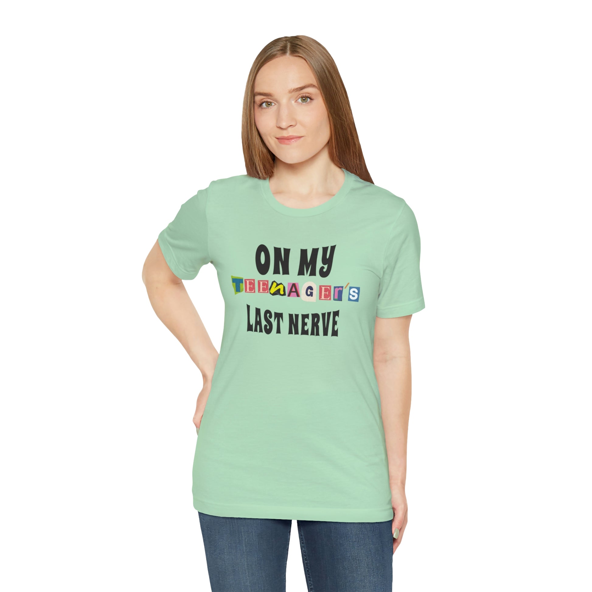 Our "ON MY TEENAGER'S LAST NERVE" t-shirt is perfect for any parent who has ever been pushed to the brink by their moody teenager. Whether you wear it to drop your teen off at school, or to the grocery store when they're giving you a hard time, this t-shirt is guaranteed to put a smile on your face and help you maintain your sanity. Funny Sarcastic parent tshirt.