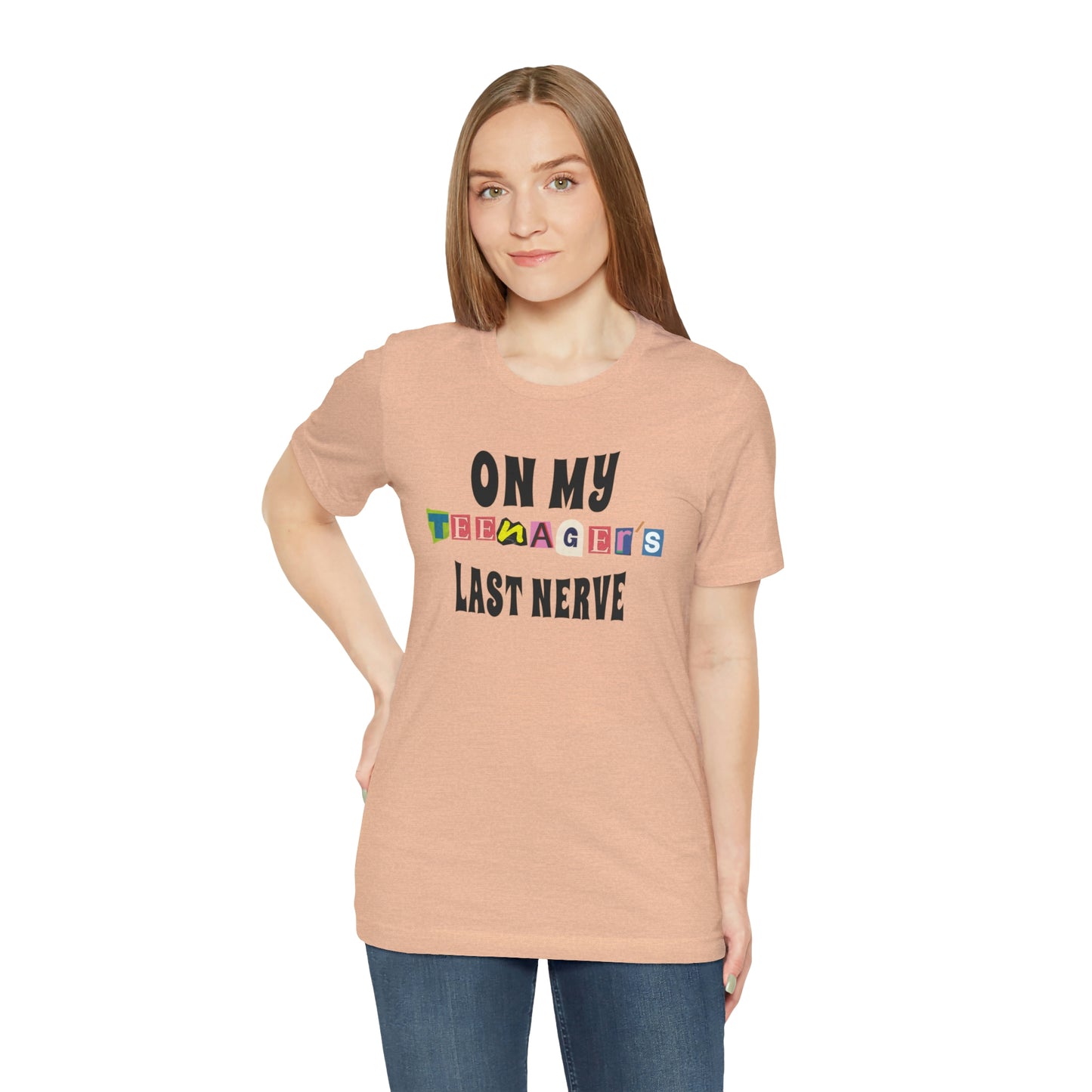 Our "ON MY TEENAGER'S LAST NERVE" t-shirt is perfect for any parent who has ever been pushed to the brink by their moody teenager. Whether you wear it to drop your teen off at school, or to the grocery store when they're giving you a hard time, this t-shirt is guaranteed to put a smile on your face and help you maintain your sanity. Funny Sarcastic parent tshirt.