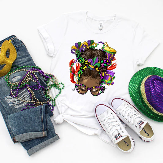 Mardi Gras Messy Bun Graphic Tshirt - Brand63