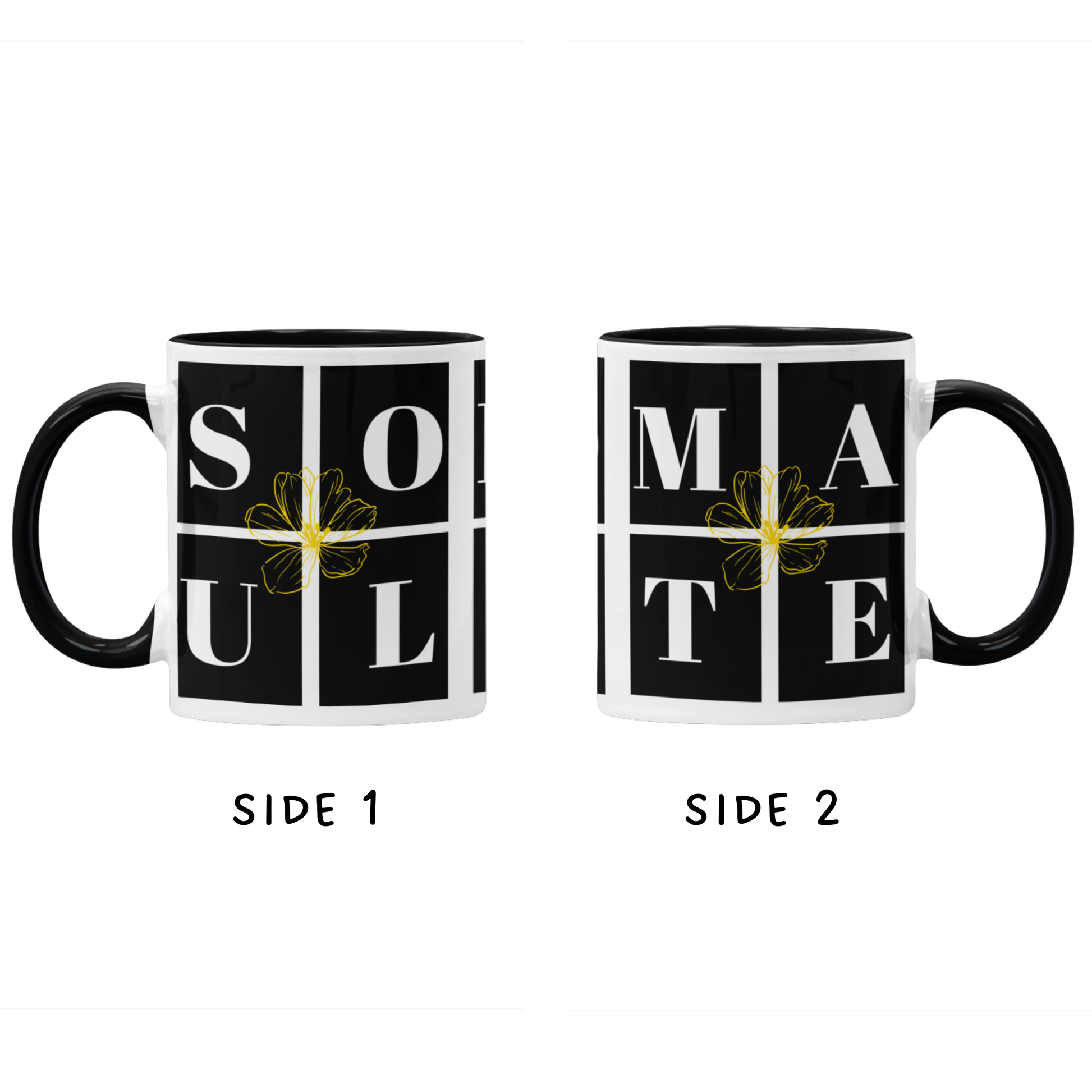 Exclusive "Soul-Mate" two-tone coffee mugs!    Each Brand63 Exclusive Soul-Mate mug comes with a colored handle, a colored interior, and a classy, glossy finish that makes your mug look perfect on your coffee bar and while sipping your favorite tea or coffee.