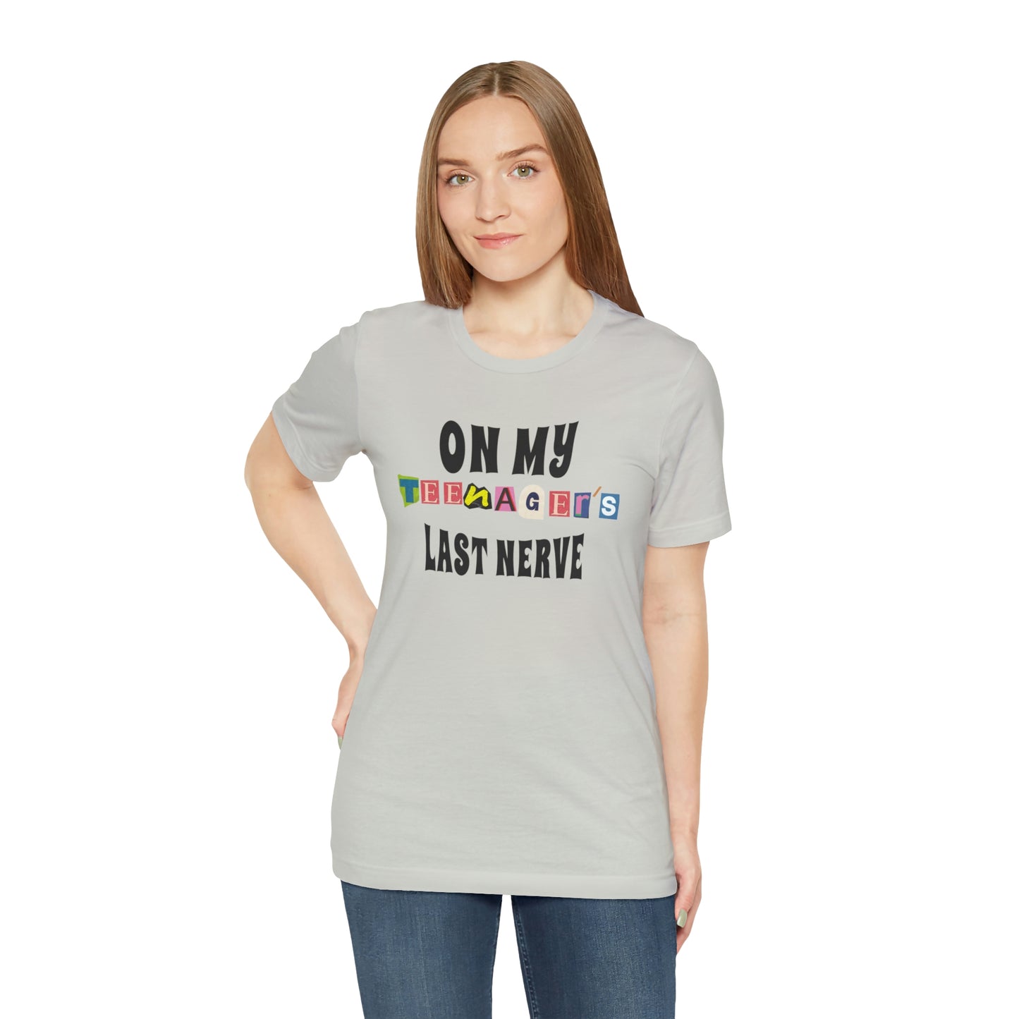 Our "ON MY TEENAGER'S LAST NERVE" t-shirt is perfect for any parent who has ever been pushed to the brink by their moody teenager. Whether you wear it to drop your teen off at school, or to the grocery store when they're giving you a hard time, this t-shirt is guaranteed to put a smile on your face and help you maintain your sanity. Funny Sarcastic parent tshirt.