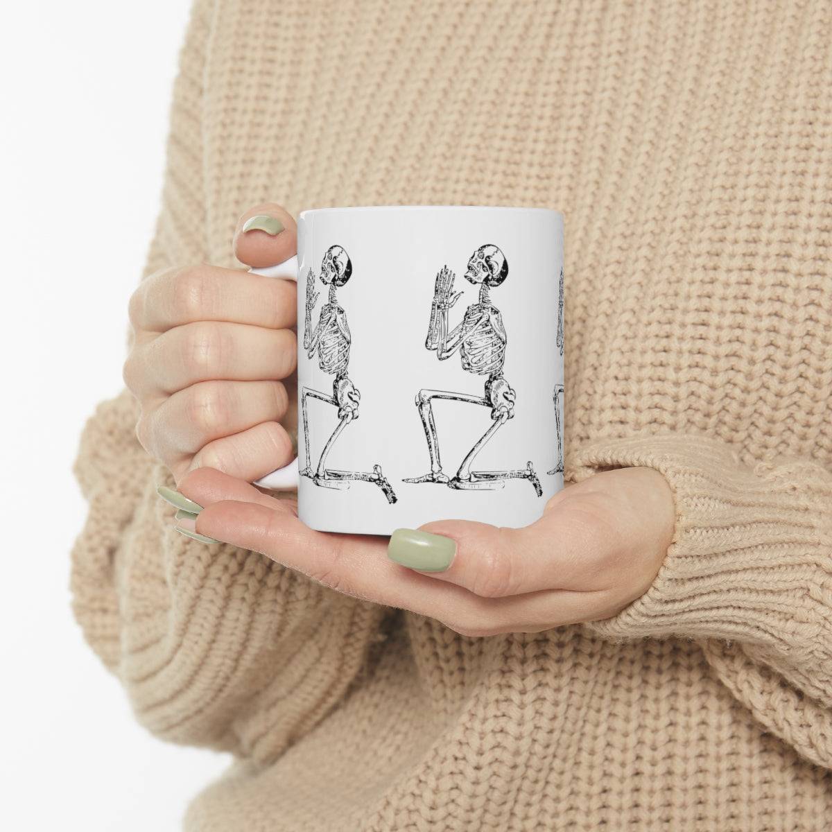 SALE Ceramic Mug - PRAYING SKELETON Mug, coffee, coffee lover, cup, wedding gift, Christmas Gift, Holiday Gift, Birthday gift, Tea Mug - Brand63