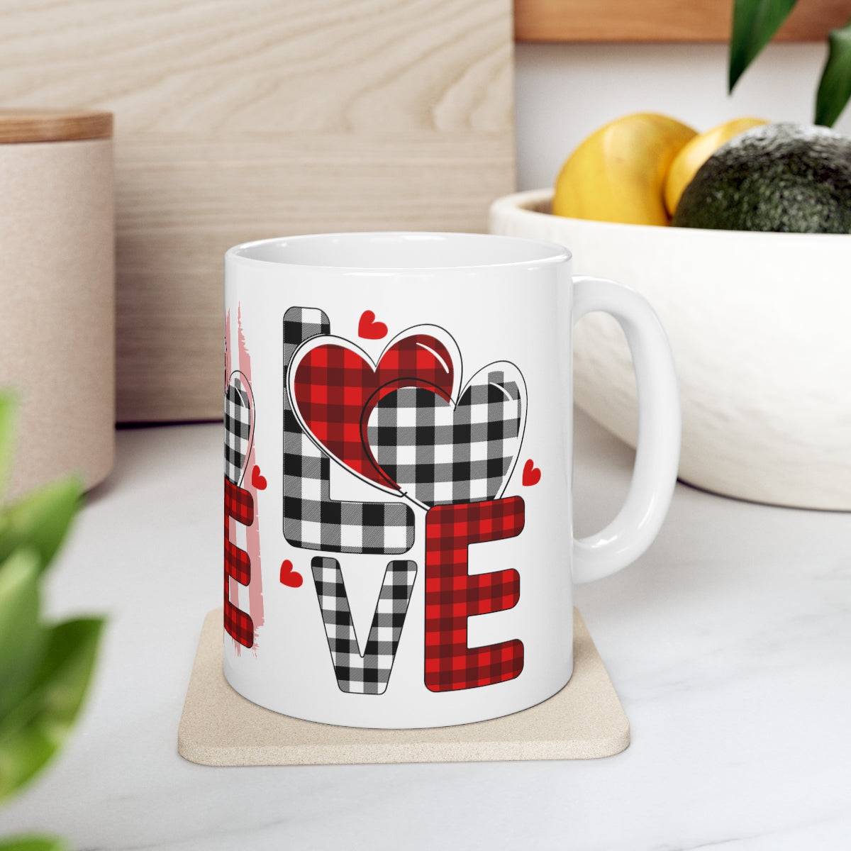 SALE Ceramic Mug - Love On Plaid Mug, coffee, coffee lover, drinking cup, wedding gift, Christmas Gift, Holiday Gift, Birthday gift, Tea Mug - Brand63