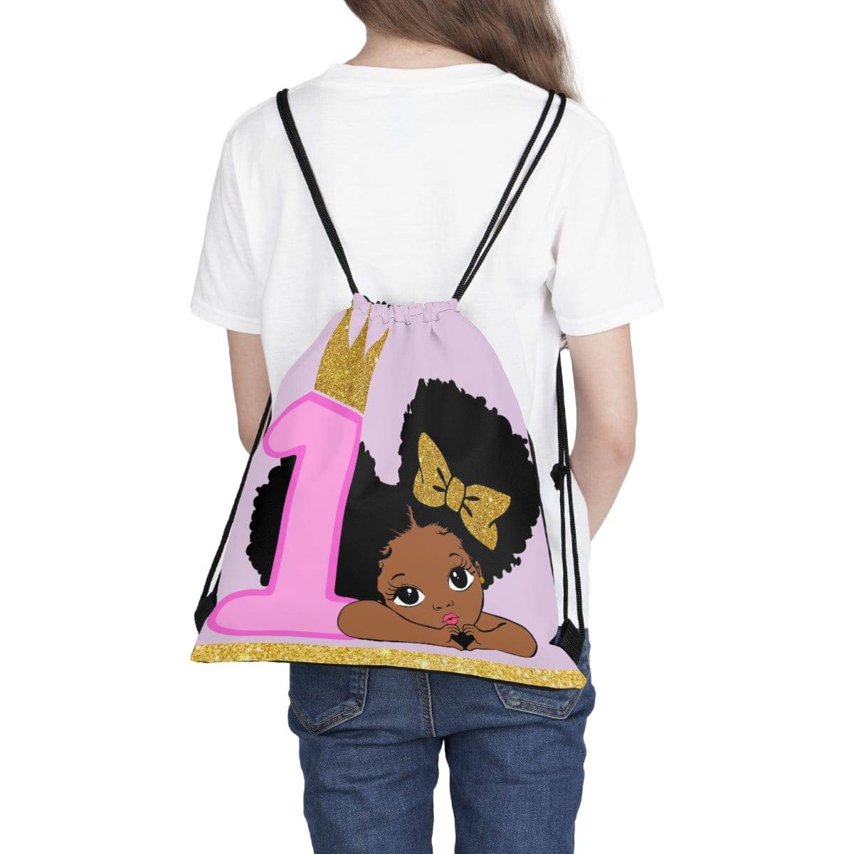 1st Birthday African-American Girl Drawstring Bag, Spacious Bag, Practical Backpack, Soft Sturdy Drawstring Backpack, Fun Gift for Birthday Holidays - Brand63