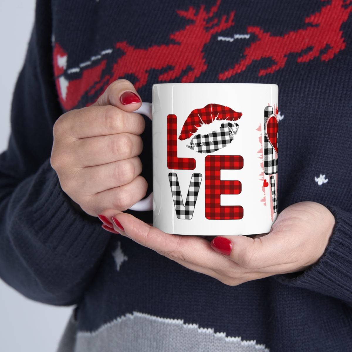 SALE Ceramic Mug - Love On Plaid Mug, coffee, coffee lover, drinking cup, wedding gift, Christmas Gift, Holiday Gift, Birthday gift, Tea Mug - Brand63