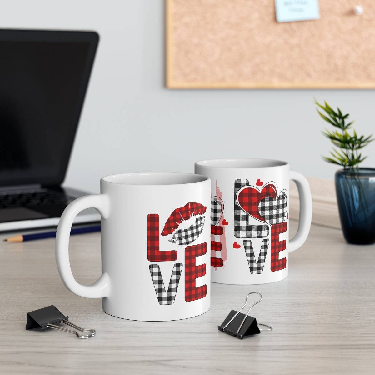 SALE Ceramic Mug - Love On Plaid Mug, coffee, coffee lover, drinking cup, wedding gift, Christmas Gift, Holiday Gift, Birthday gift, Tea Mug - Brand63