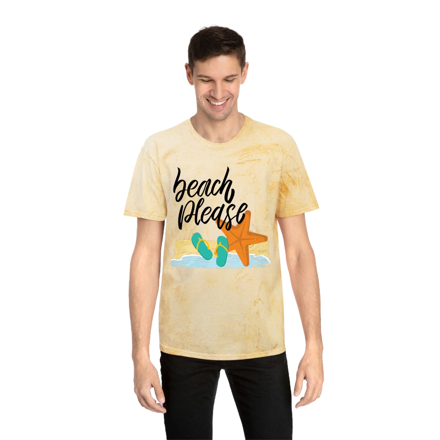 Brand63's Exclusive "Beach Please" Comfort Colors T-shirt has a unique color blast pattern on every shirt. Made 100% with incredibly soft, ring-spun cotton, each tee is soft-washed and garment-dyed. Its relaxed fit makes it the perfect daily choice for any casual occasion. Who's Ready For A Little Sand Between Their Toes? Brand63