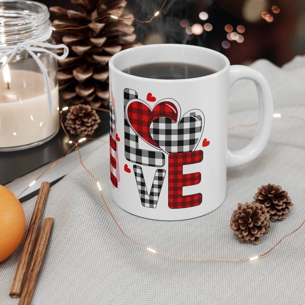 SALE Ceramic Mug - Love On Plaid Mug, coffee, coffee lover, drinking cup, wedding gift, Christmas Gift, Holiday Gift, Birthday gift, Tea Mug - Brand63