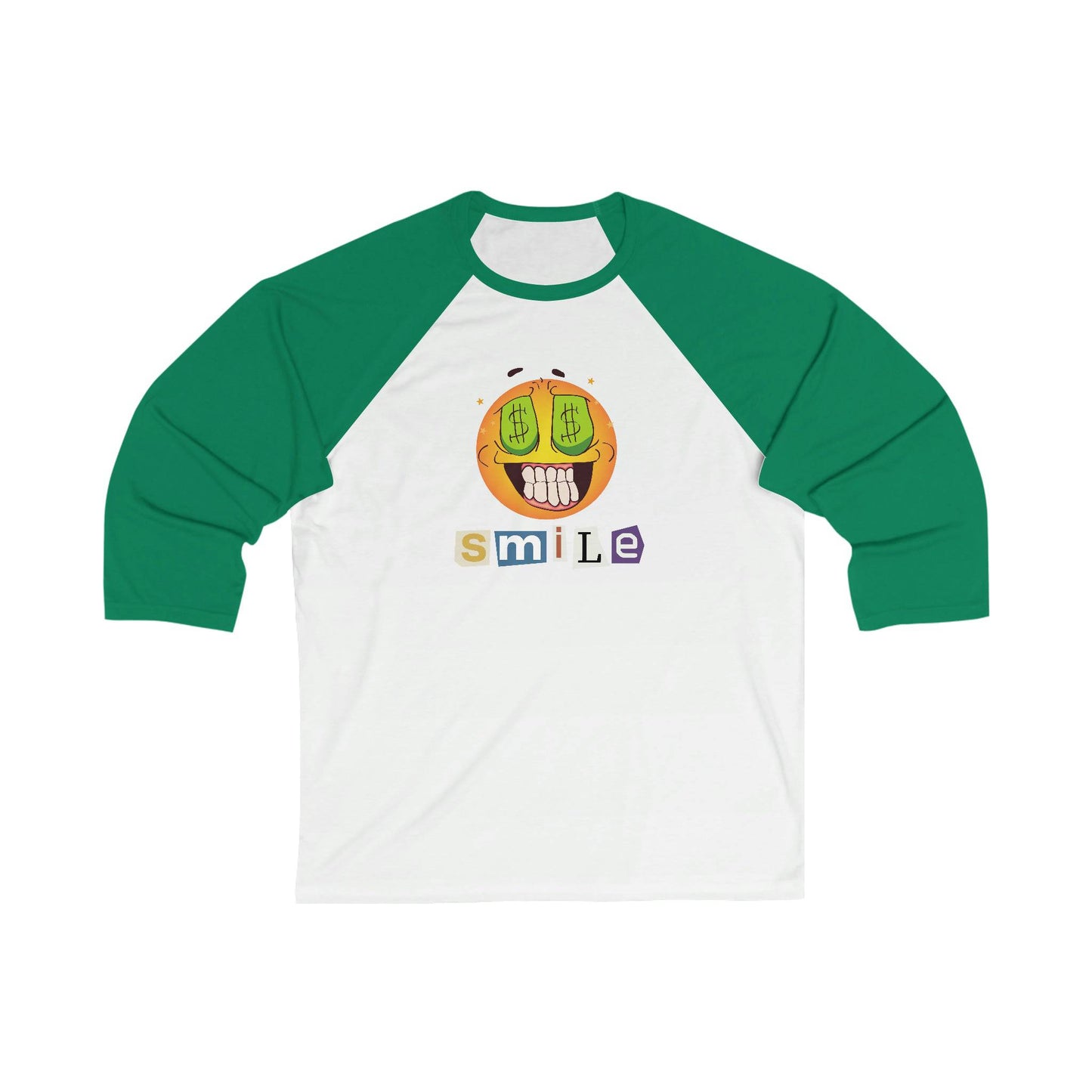 Money Smiling Emoji 3/4 sleeve baseball t-shirt.  Casual, Simple, Comfy - Brand63