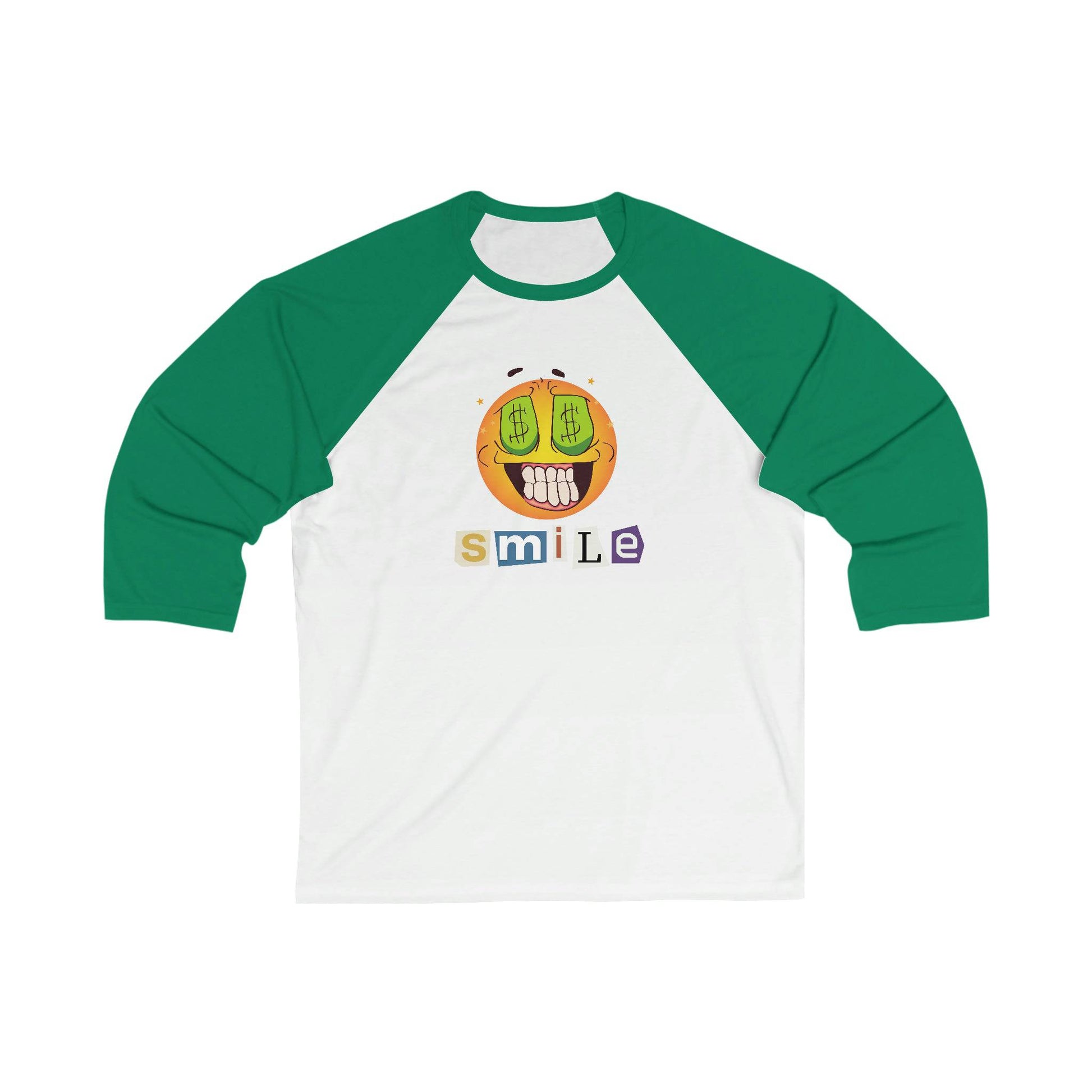 Money Smiling Emoji 3/4 sleeve baseball t-shirt.  Casual, Simple, Comfy - Brand63