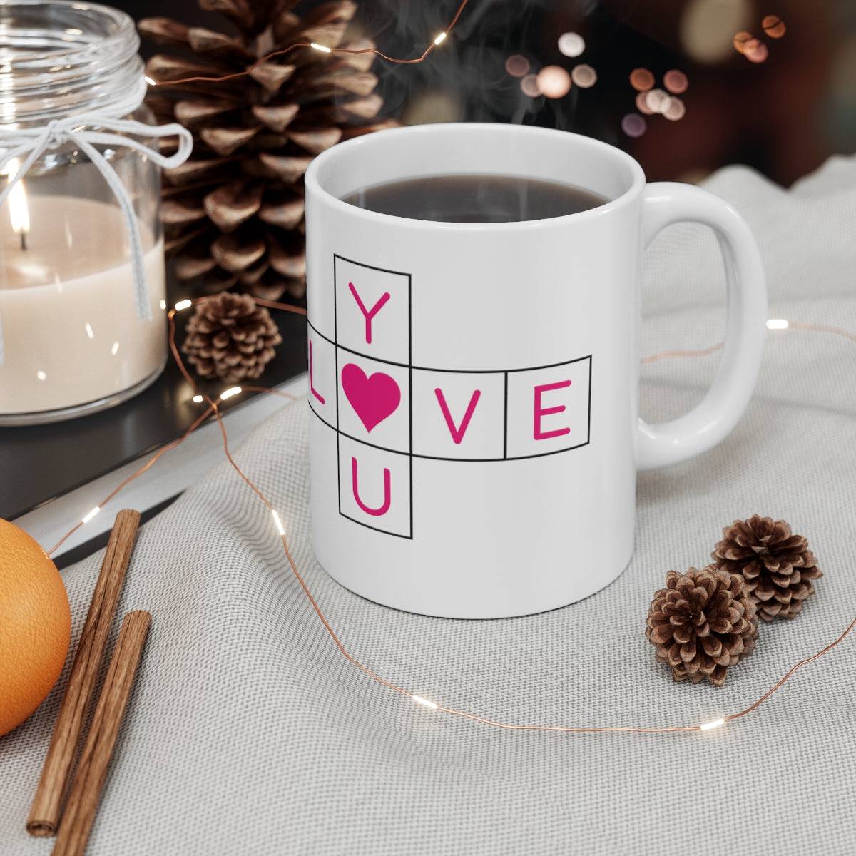 SALE Ceramic Mug - LOVE Crossword Puzzle Mug, coffee, coffee lover, wedding gift, Christmas Gift, Holiday Gift, Birthday gift, Tea Mug - Brand63