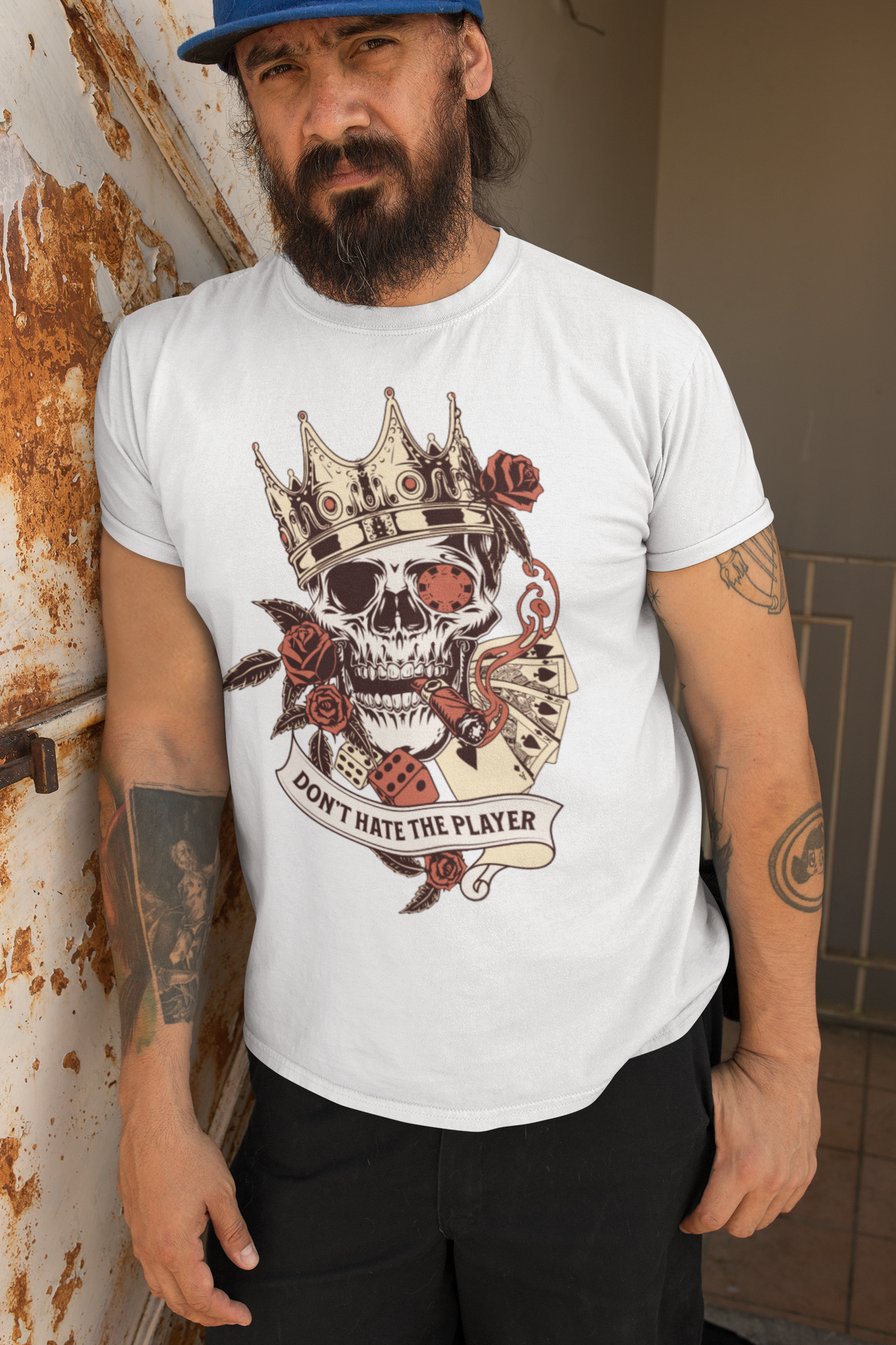 Our Skeleton-Player Men's Cotton Graphic Premium Fitted Tee is a classic choice that is both comfy and light. The dramatic graphics will definitely turn heads and start the conversation.  Brand63. Poker Shirt. Dice Playing Shirt. Fresh Friday For Men