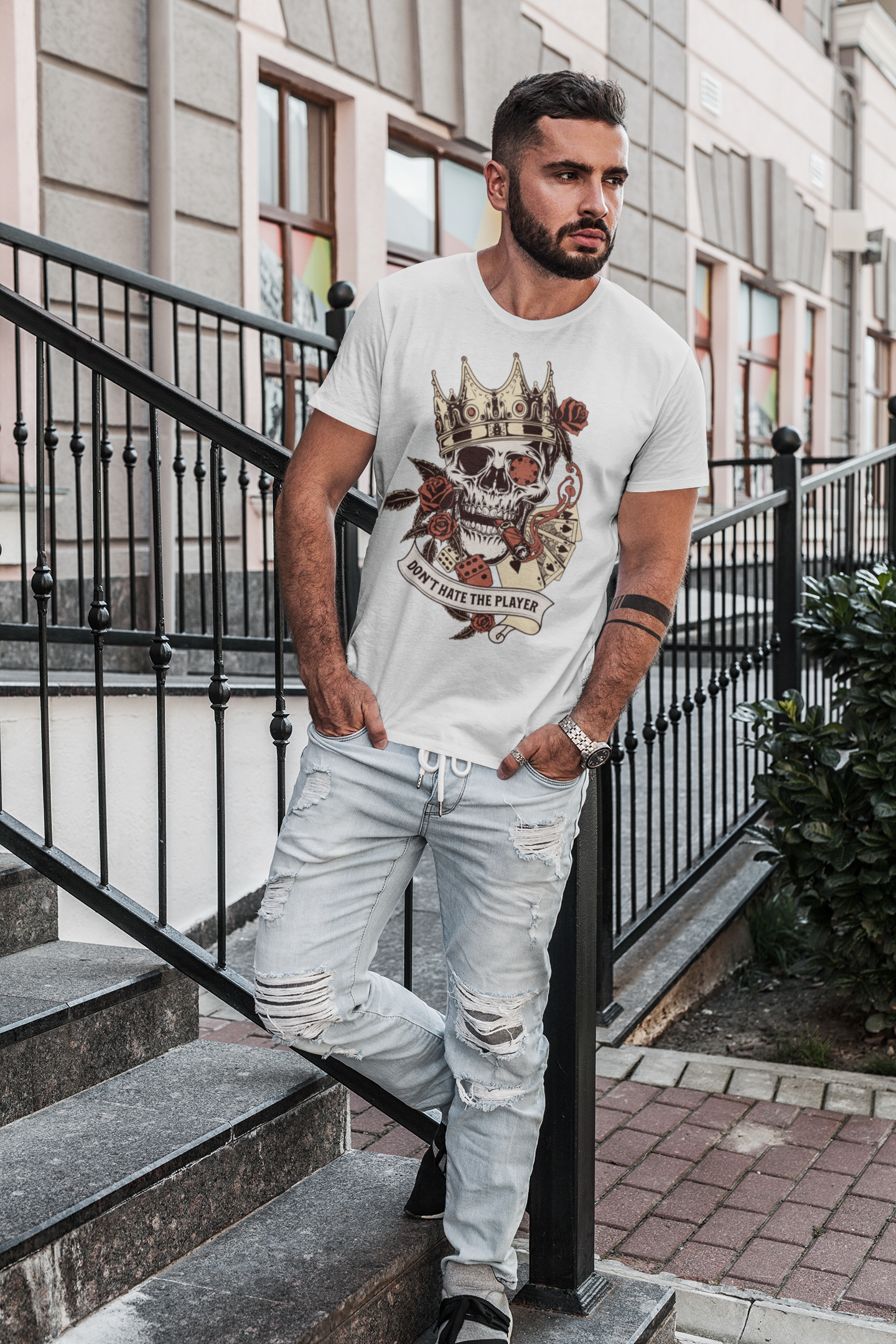 Our Skeleton-Player Men's Cotton Graphic Premium Fitted Tee is a classic choice that is both comfy and light. The dramatic graphics will definitely turn heads and start the conversation.  Brand63. Poker Shirt. Dice Playing Shirt. Fresh Friday For Men