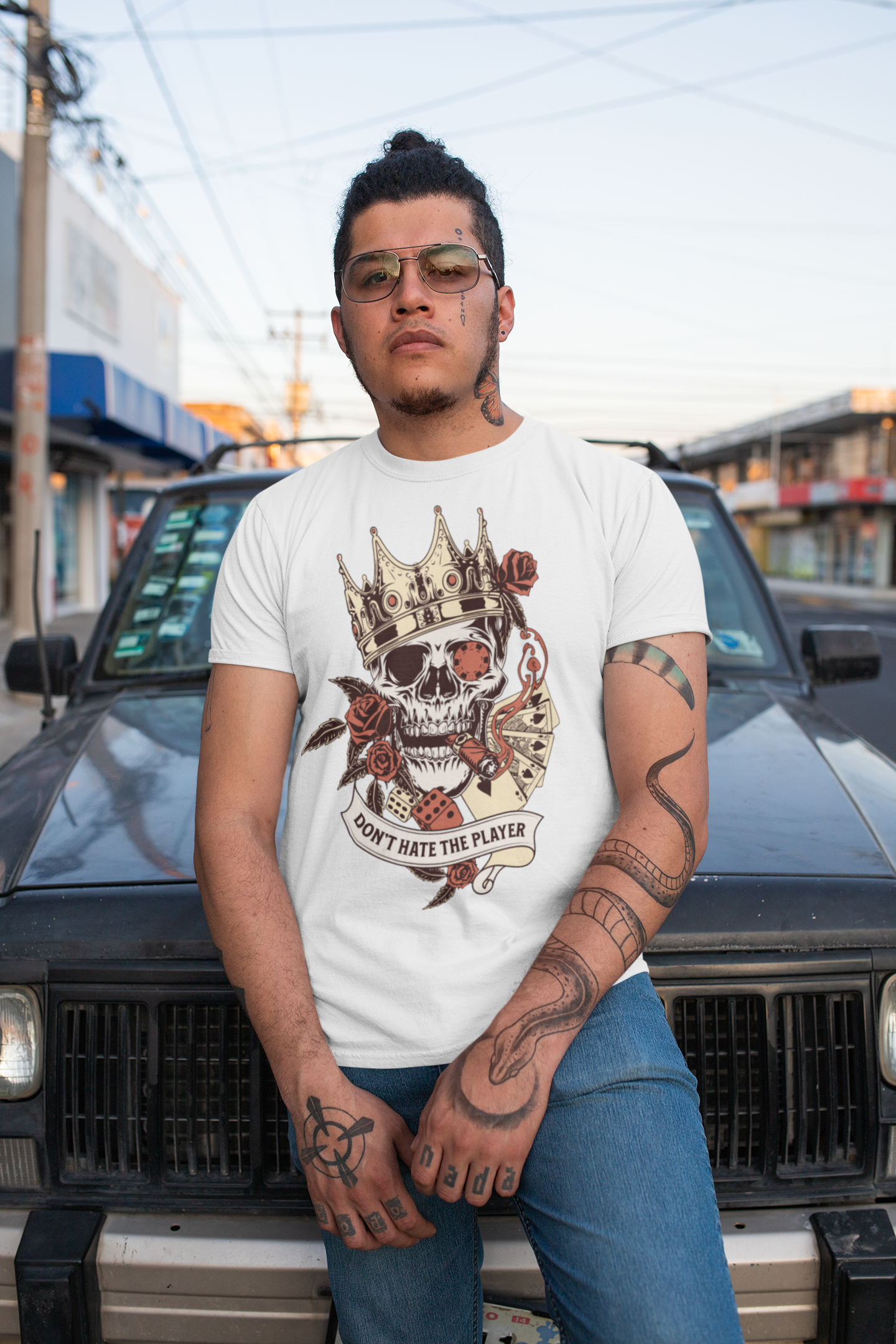 Our Skeleton-Player Men's Cotton Graphic Premium Fitted Tee is a classic choice that is both comfy and light. The dramatic graphics will definitely turn heads and start the conversation.  Brand63. Poker Shirt. Dice Playing Shirt. Fresh Friday For Men